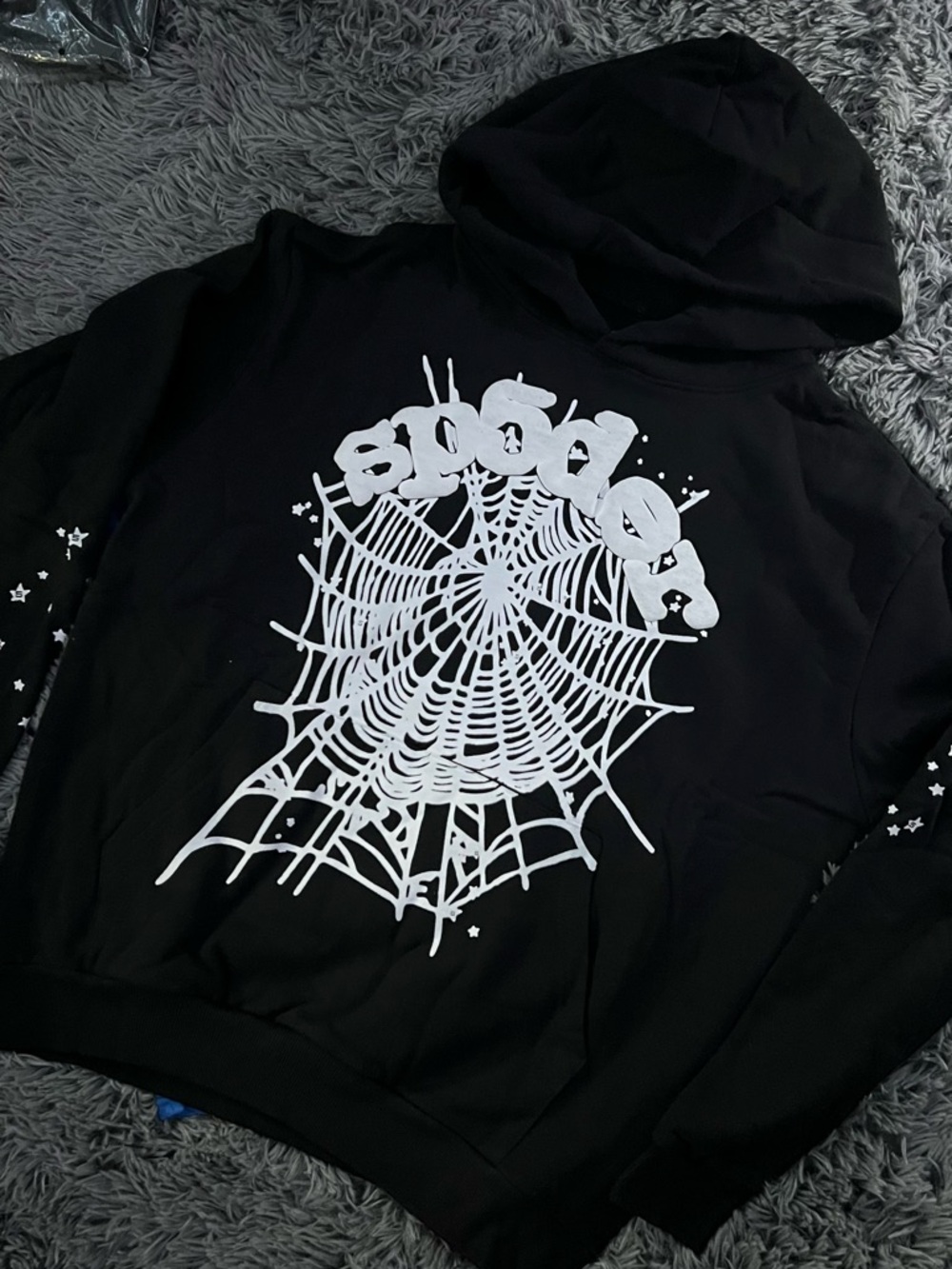Black Graphic Hoodie with White Spiderweb Design